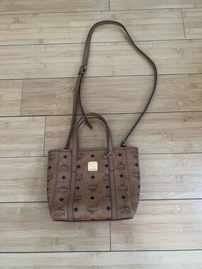 MCM Brown Visetos Canvas Satchel with Adjustable Crossbody Strap